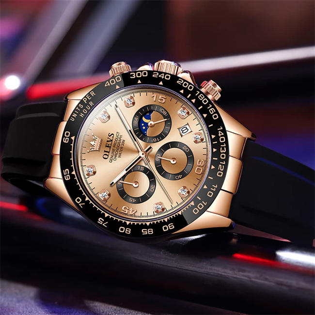 Watches for Men Multifunction Moon Phase Chronograph Analog Quartz Watch Silicone Diamond Waterproof Luminous Wrist Watches